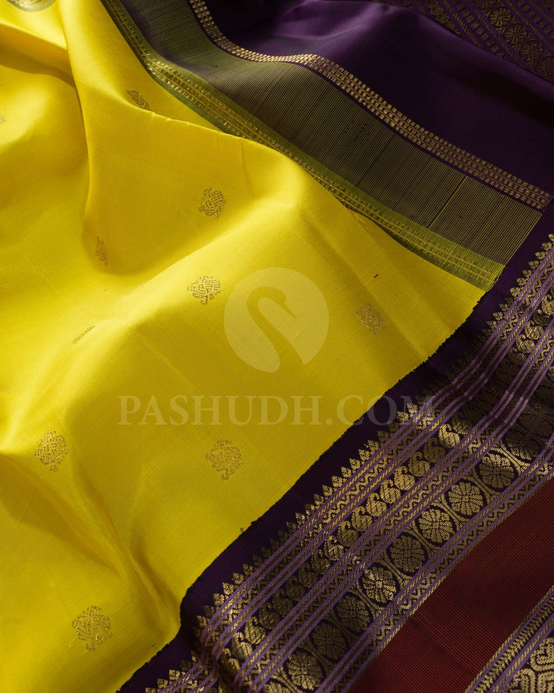 Lemon Yellow With Purple Traditional Kanjivaram Silk Saree-SP419