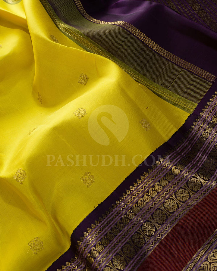 Lemon Yellow With Purple Traditional Kanjivaram Silk Saree-SP419
