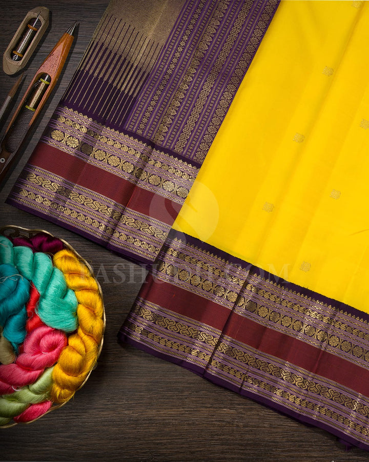 Lemon Yellow With Purple Traditional Kanjivaram Silk Saree-SP419