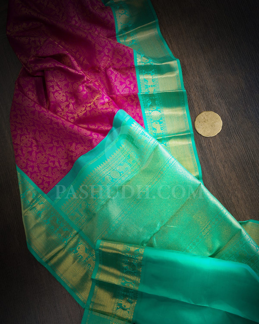 Magenta Pink With Sapphire Green Traditional Kanjivaram Silk Saree-SP434