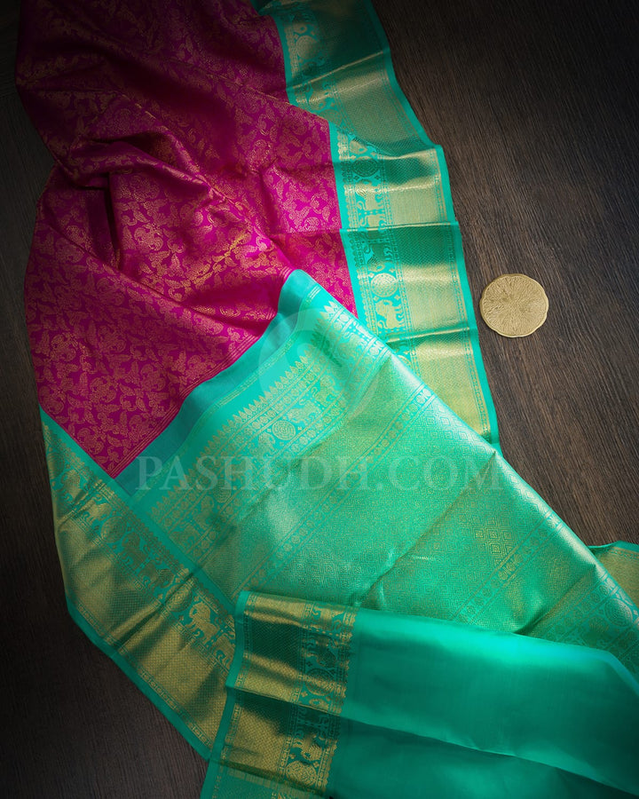 Magenta Pink With Sapphire Green Traditional Kanjivaram Silk Saree-SP434