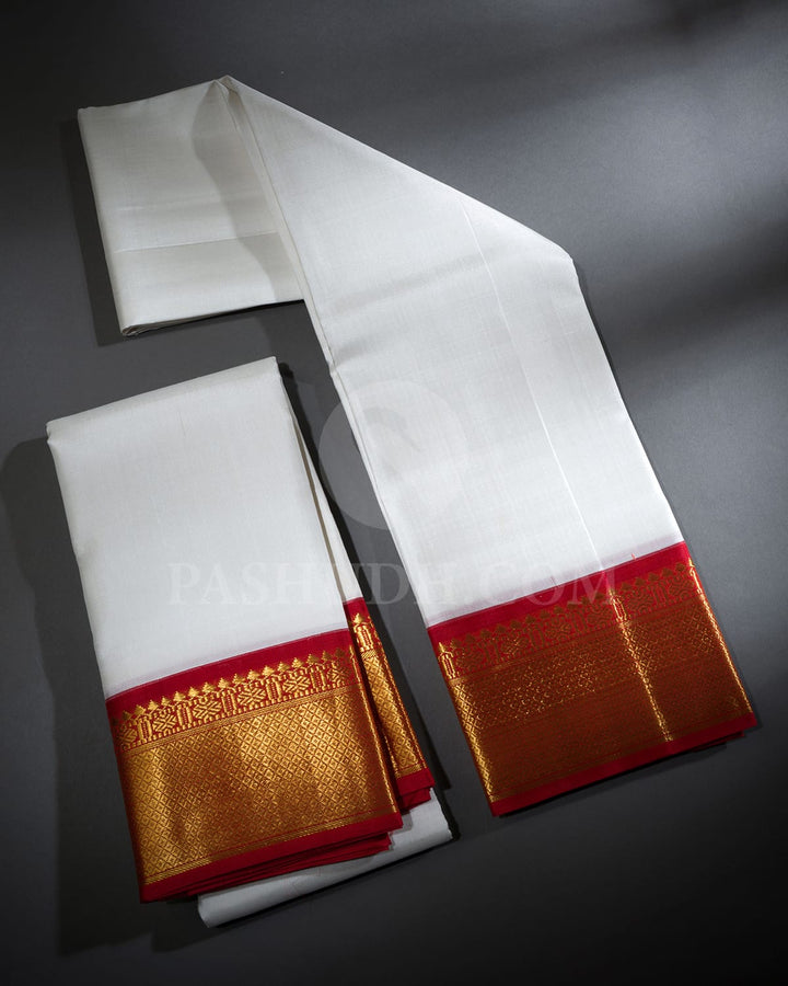 White Pure Silk Dhothi With Angavastram-V59