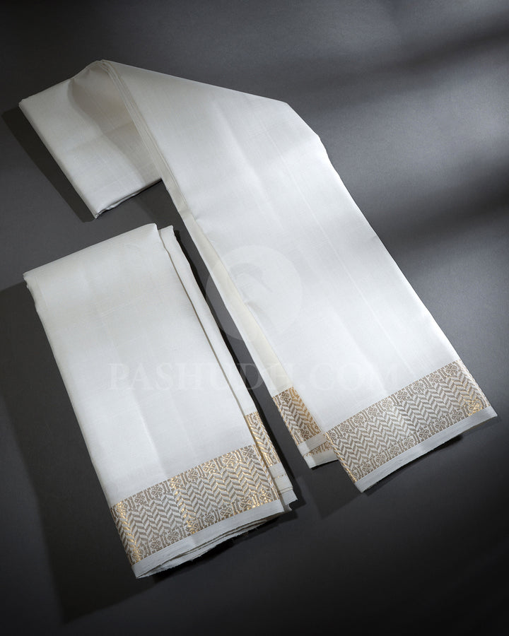 Half White Pure Silk Dhothi With Angavastram-V63