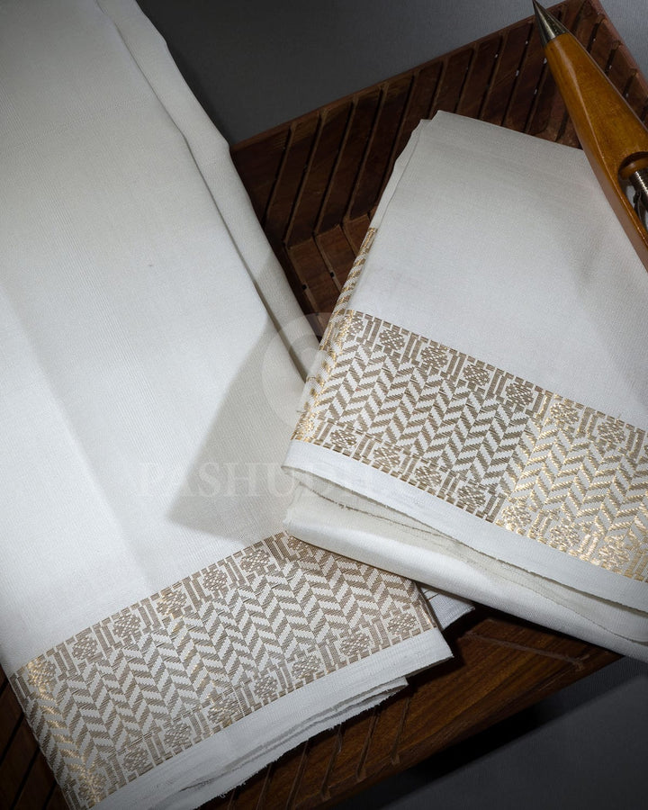 Half White Pure Silk Dhothi With Angavastram-V63
