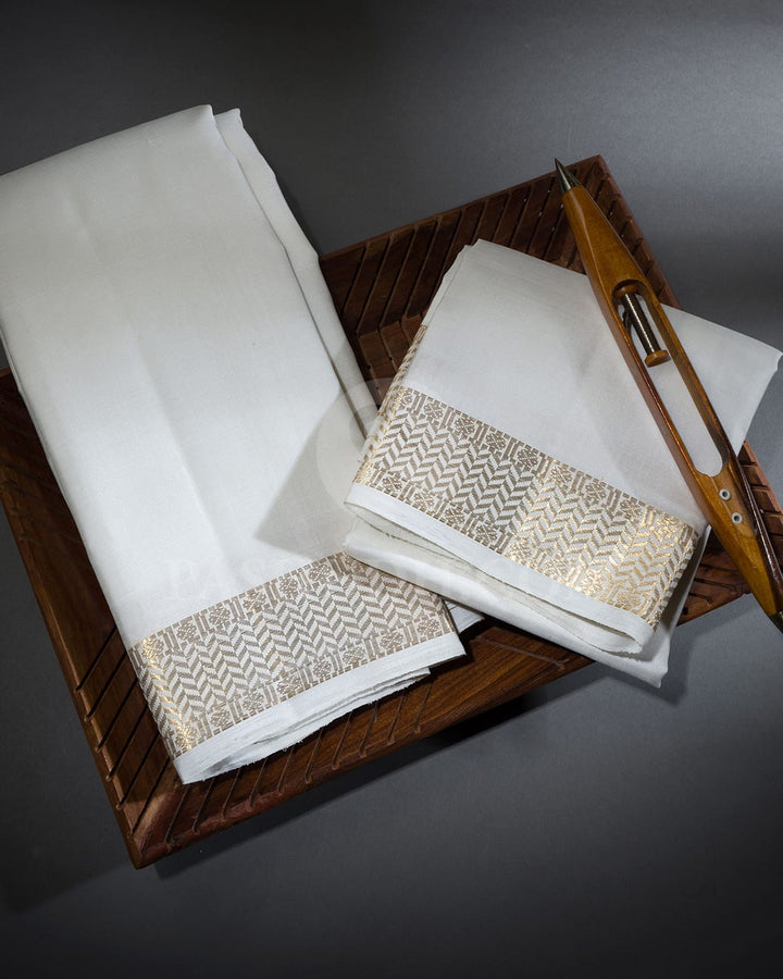 Half White Pure Silk Dhothi With Angavastram-V63