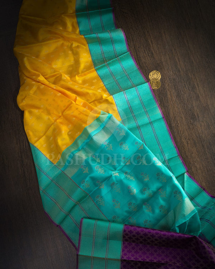 Mango Yellow With Sky Blue Kanjivaram Silk Saree-DJ460(E)