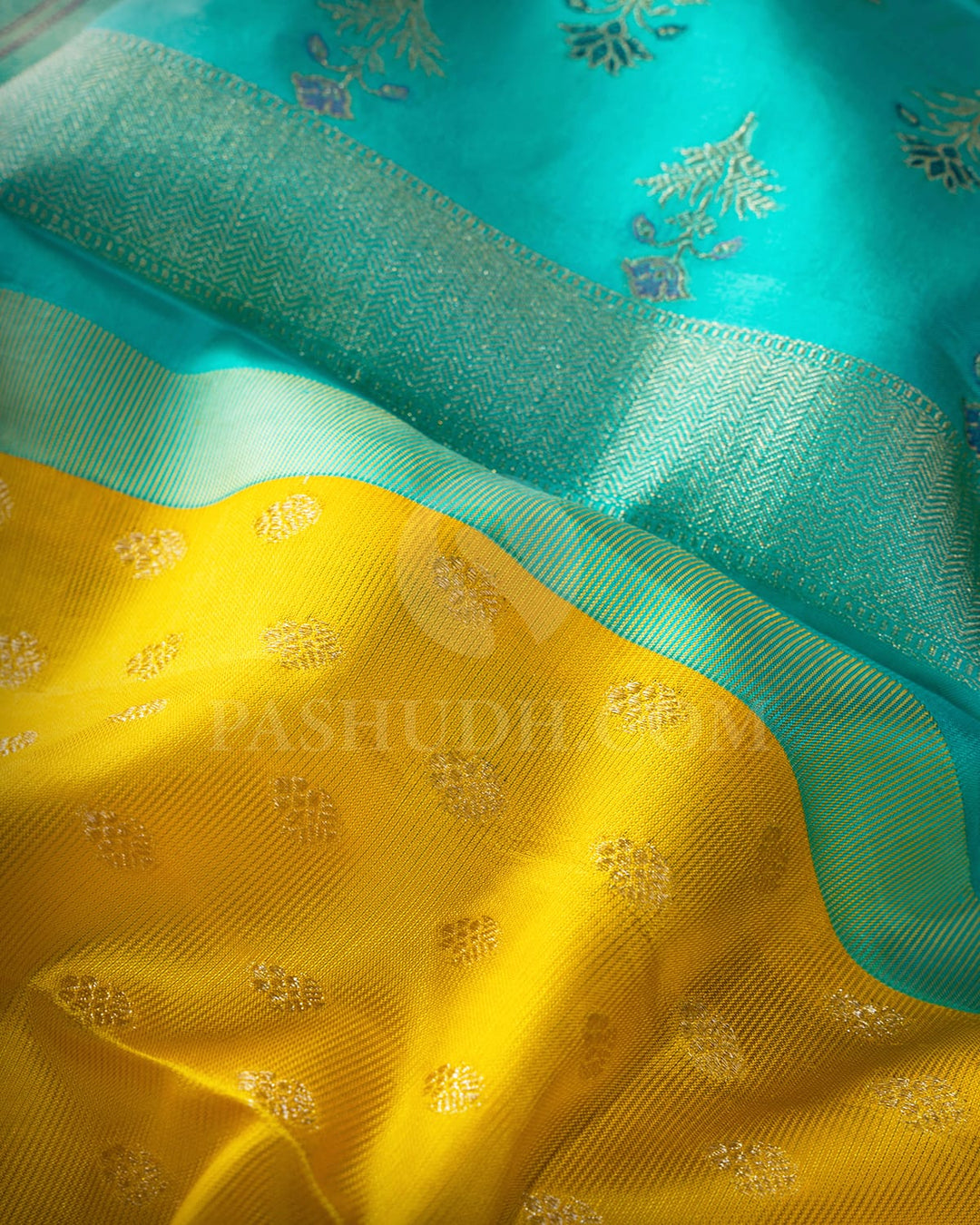Mango Yellow With Sky Blue Kanjivaram Silk Saree-DJ460(E)
