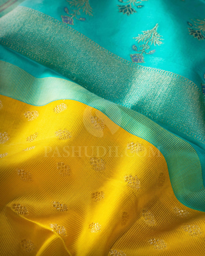 Mango Yellow With Sky Blue Kanjivaram Silk Saree-DJ460(E)