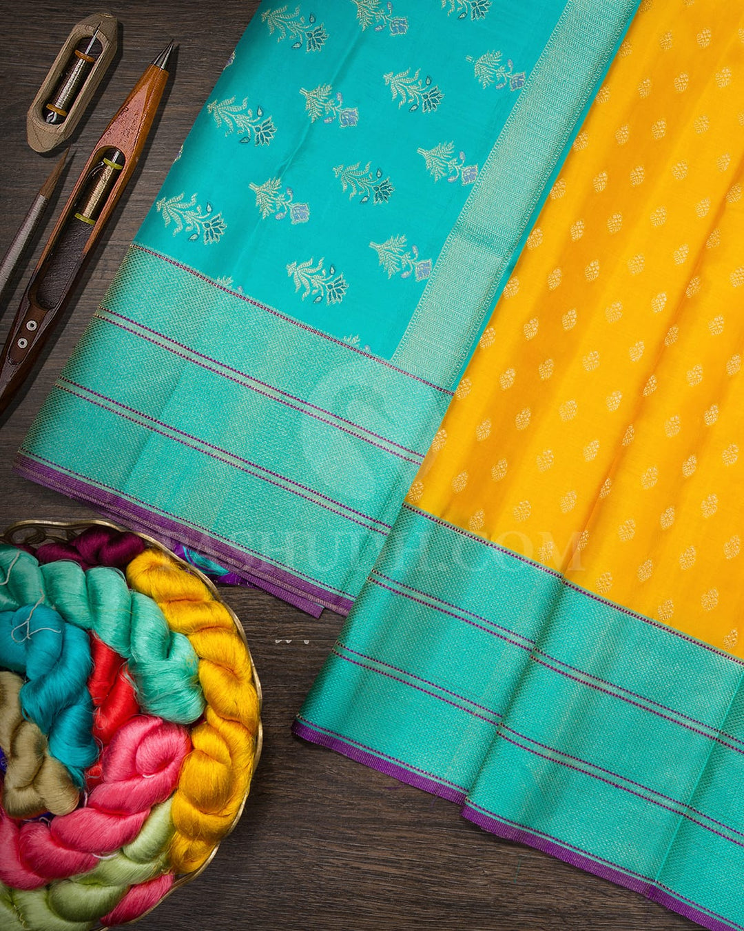 Mango Yellow With Sky Blue Kanjivaram Silk Saree-DJ460(E)
