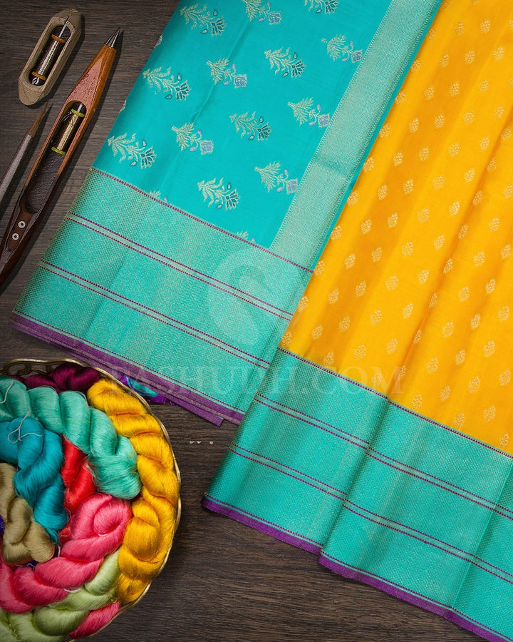 Mango Yellow With Sky Blue Kanjivaram Silk Saree-DJ460(E)