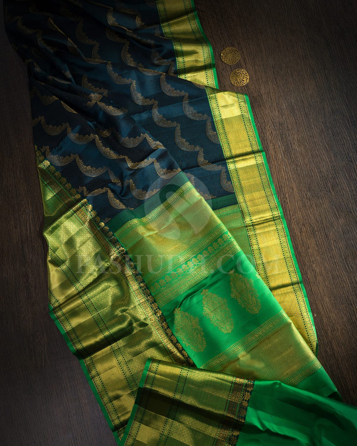 Dark Pine Green With Forest Green Kanjivaram Silk Saree-D660(H)