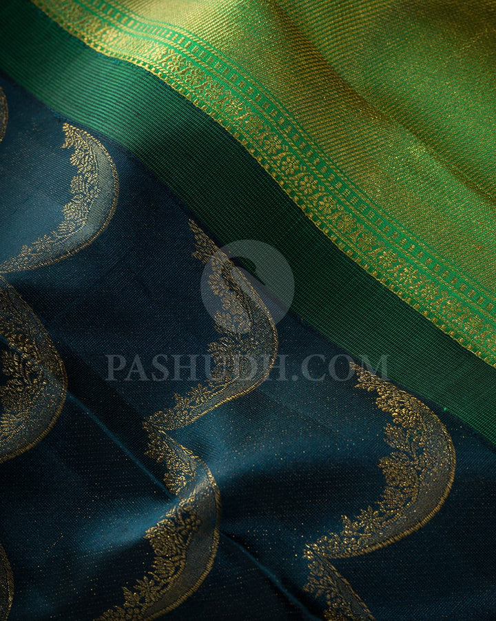 Dark Pine Green With Forest Green Kanjivaram Silk Saree-D660(H)