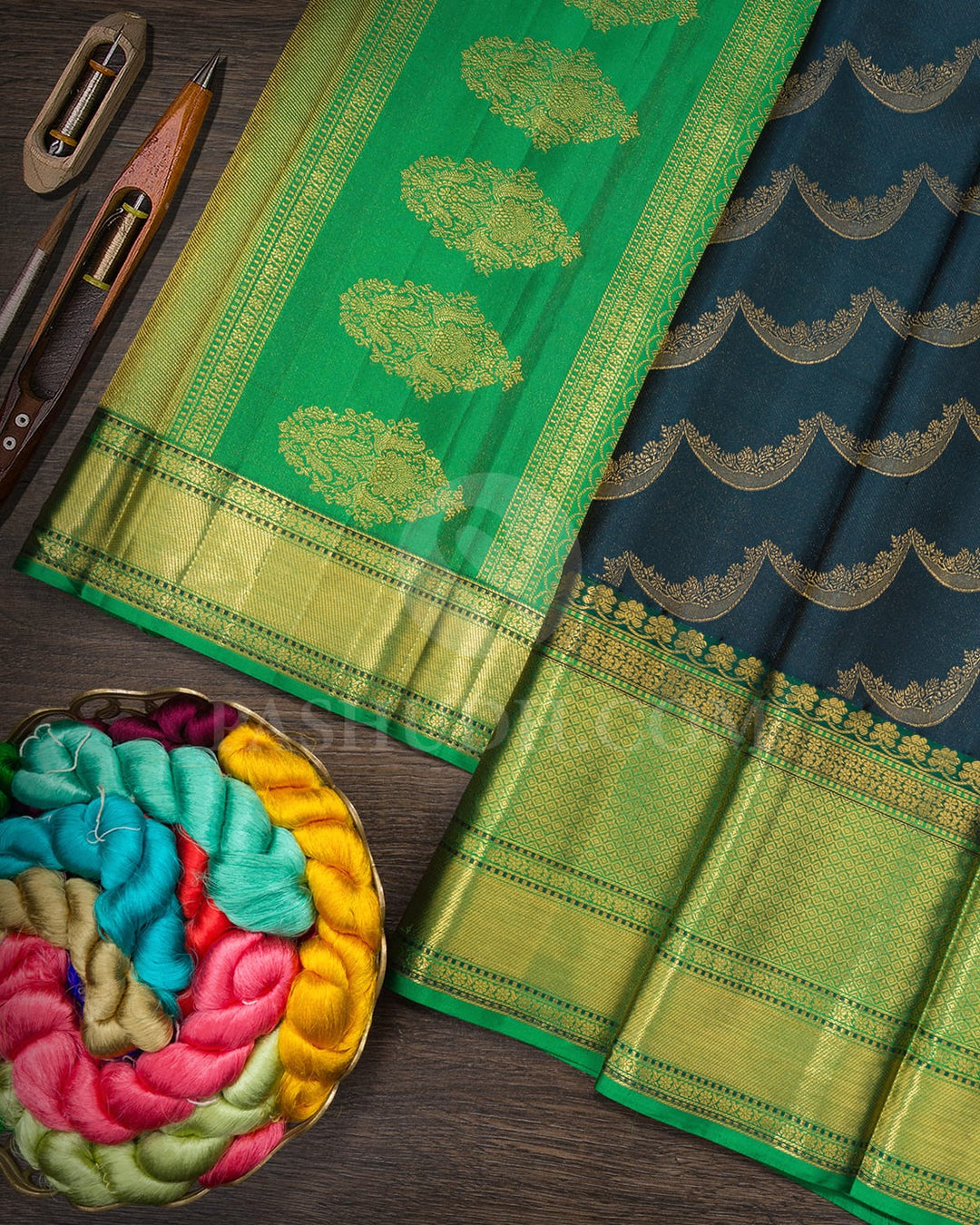 Dark Pine Green With Forest Green Kanjivaram Silk Saree-D660(H)