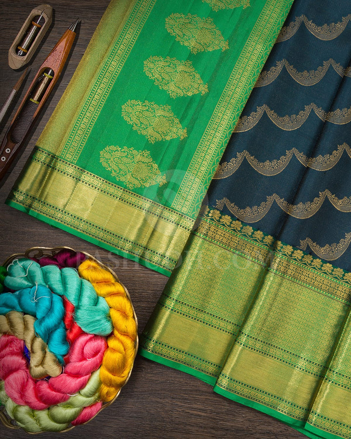 Dark Pine Green With Forest Green Kanjivaram Silk Saree-D660(H)