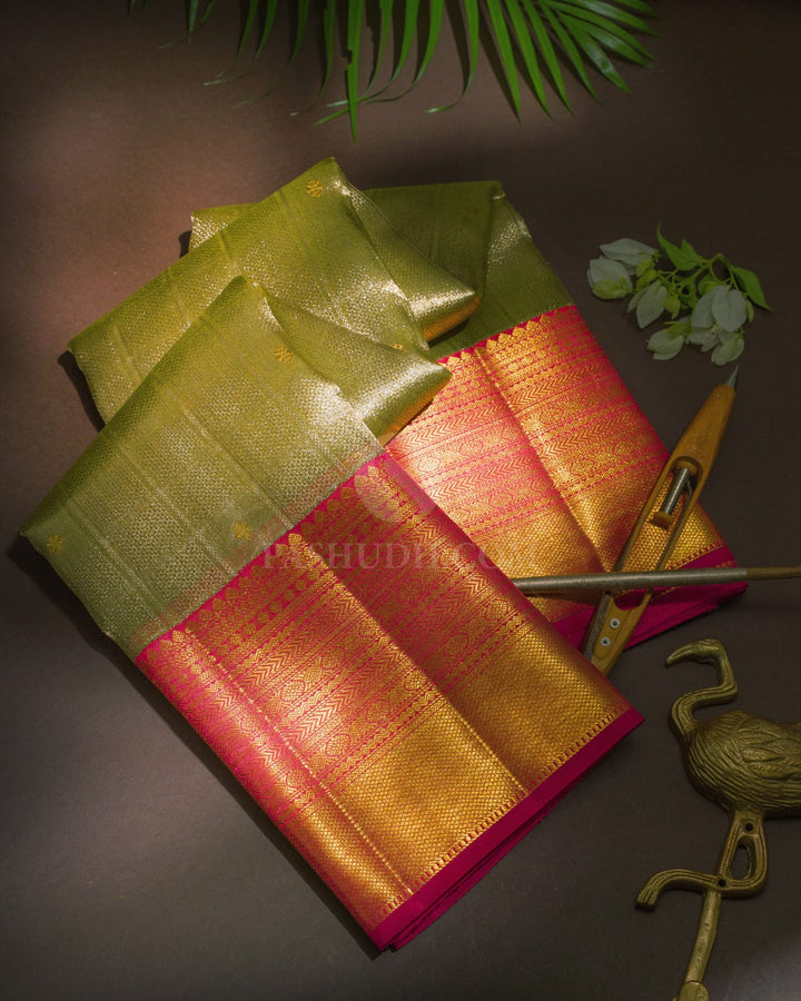 Light Olive Green Organza Shimmer Kanjivaram Silk Saree-S1786(A)
