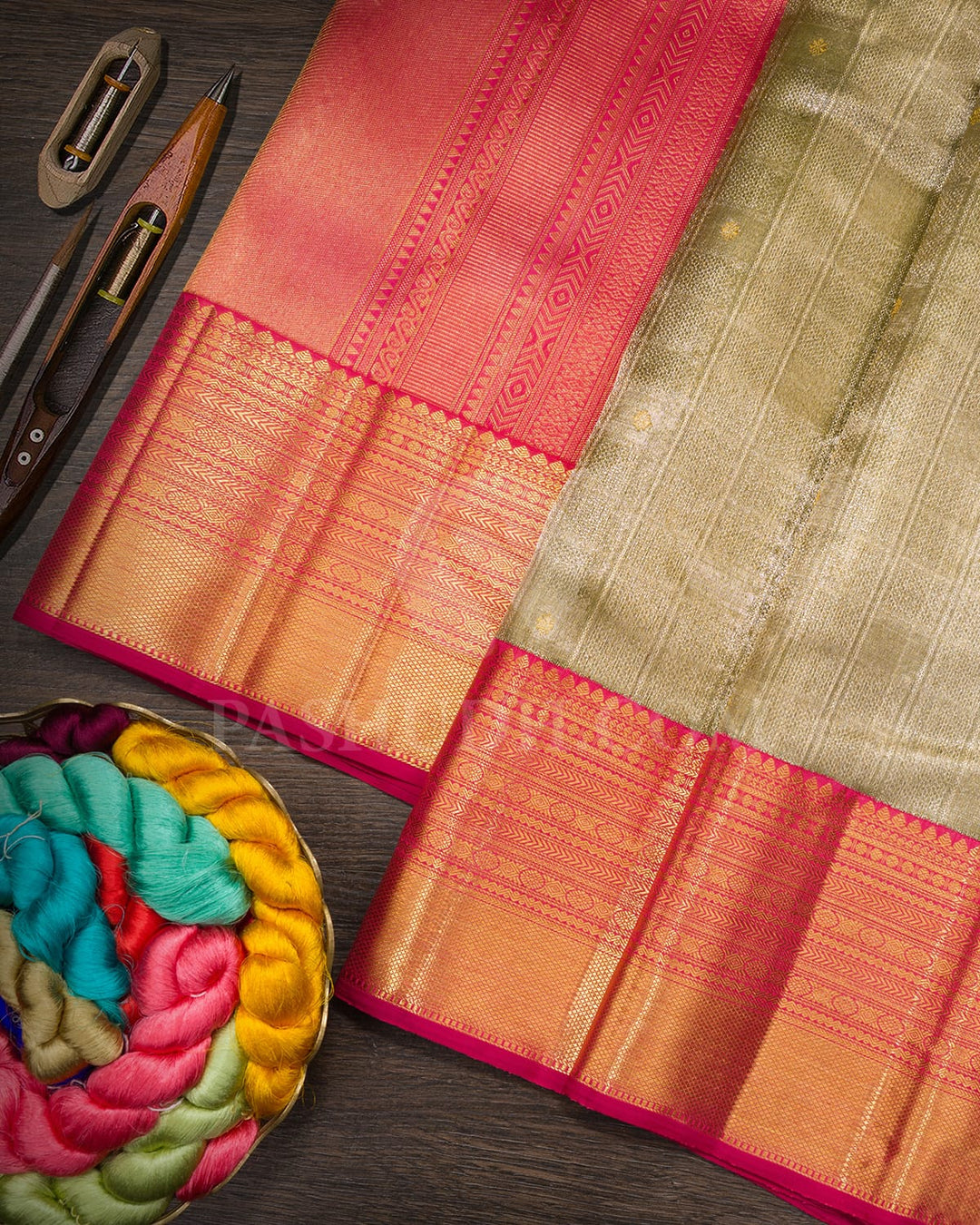 Light Olive Green Organza Shimmer Kanjivaram Silk Saree-S1786(A)