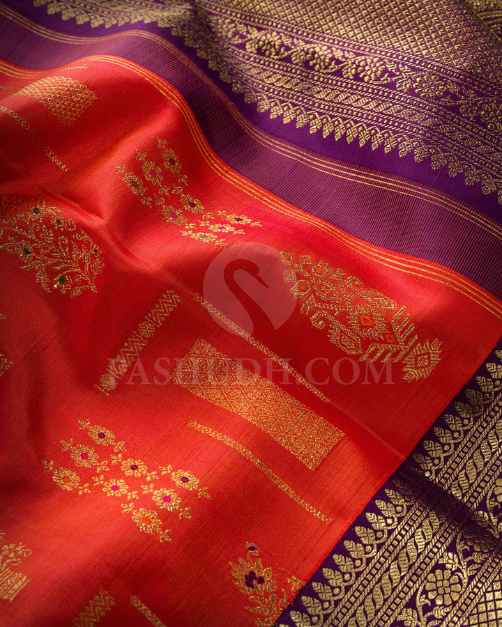 Rust Orange Pure Zari Meenakari Kanjivaram Silk Saree-P217(A)