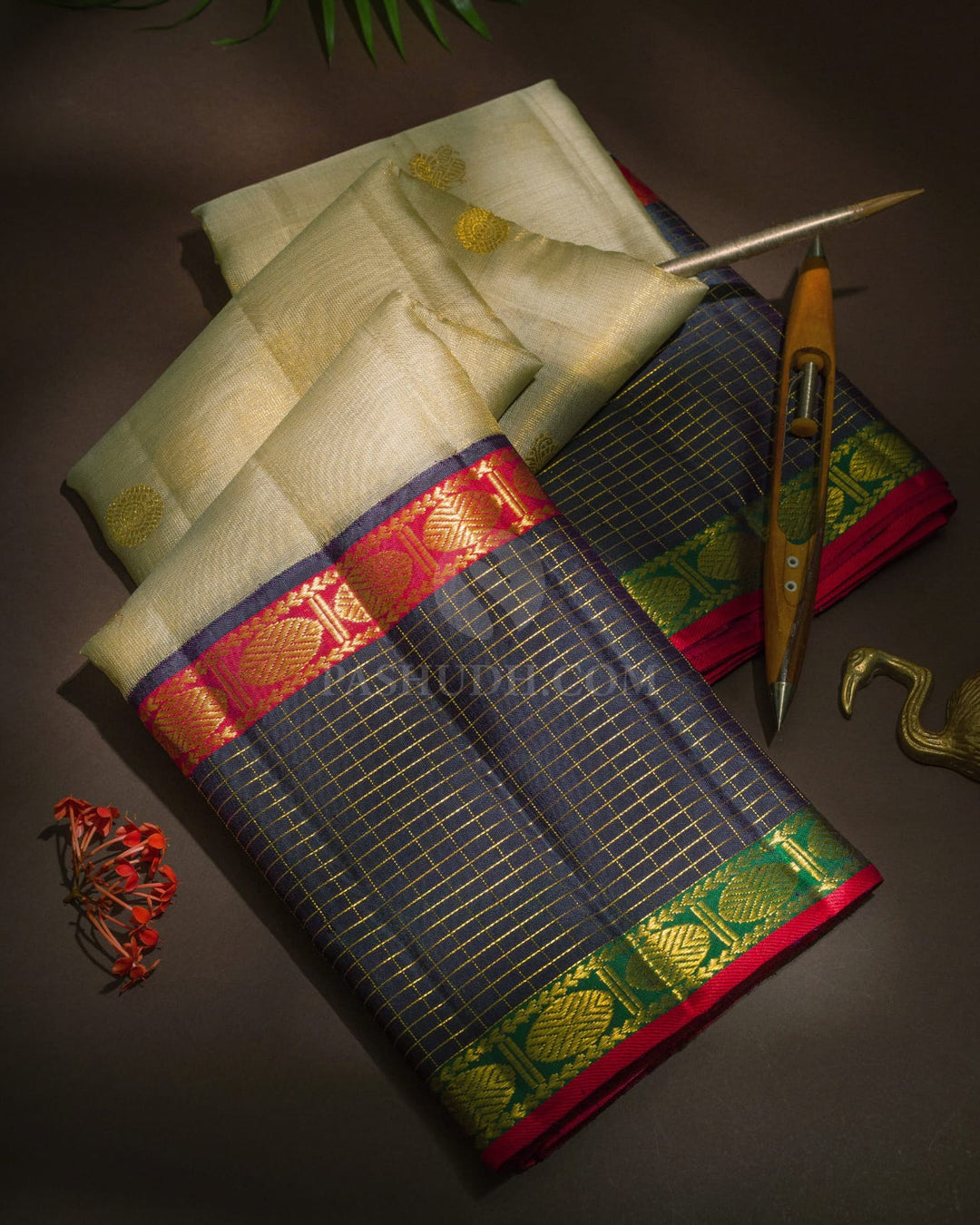 Cream Organza Shimmer Kanjivaram Silk Saree-S1781(A)