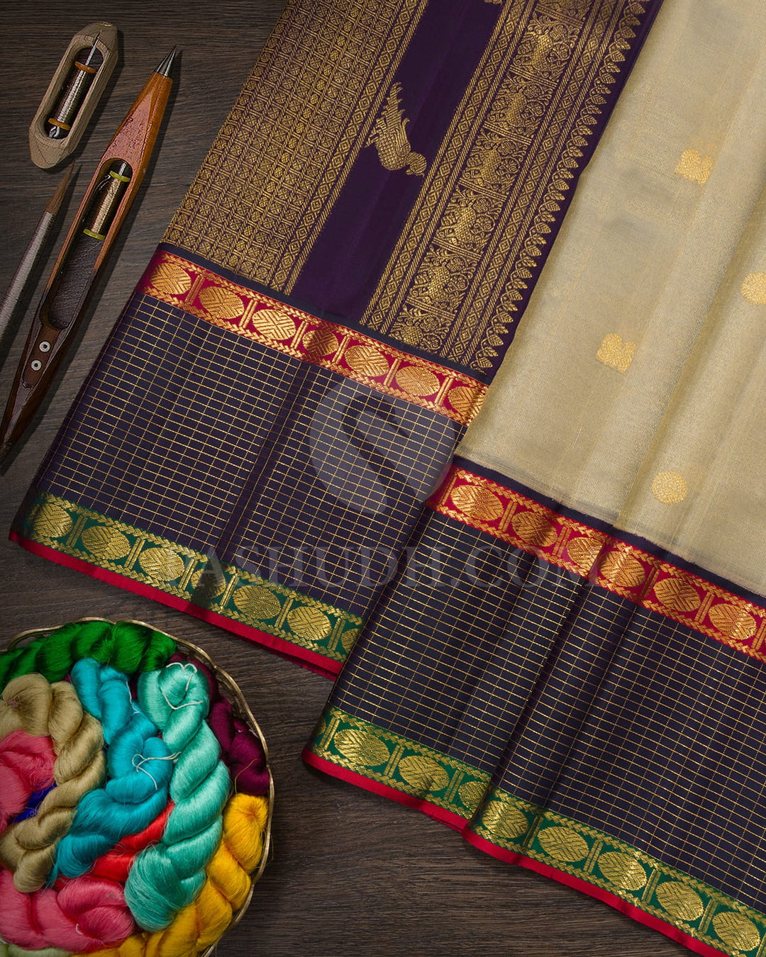 Cream Organza Shimmer Kanjivaram Silk Saree-S1781(A)