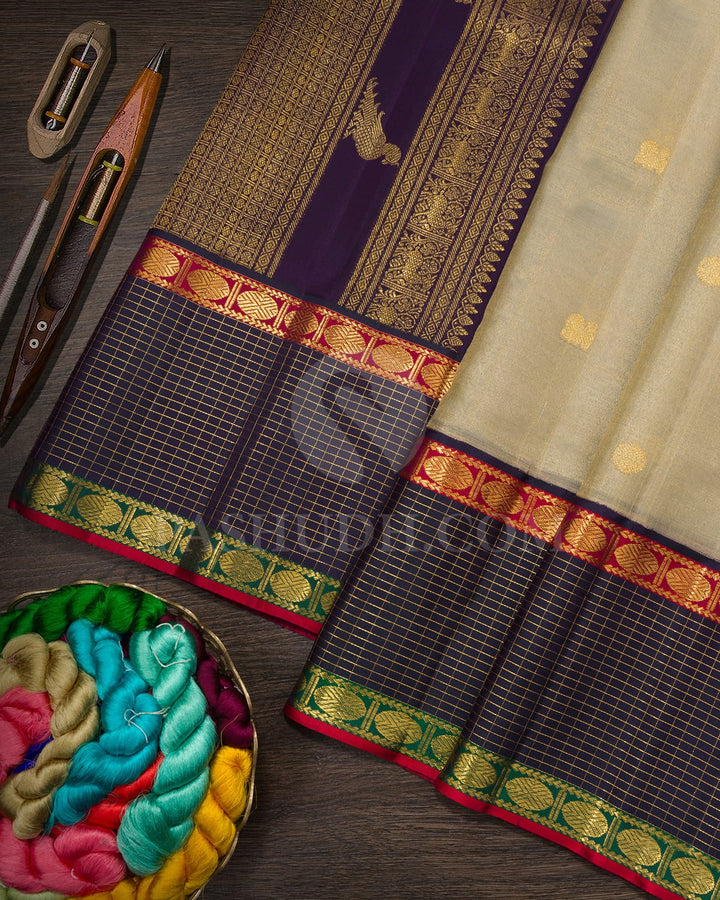 Cream Organza Shimmer Kanjivaram Silk Saree-S1781(A)