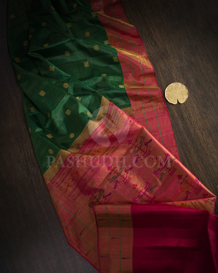 Bottle Green Pure Zari Paithani Kanjivaram Silk Saree-P218(A)