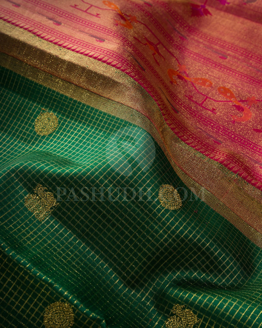 Bottle Green Pure Zari Paithani Kanjivaram Silk Saree-P218(A)