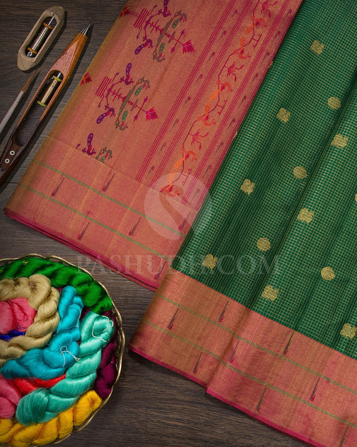 Bottle Green Pure Zari Paithani Kanjivaram Silk Saree-P218(A)