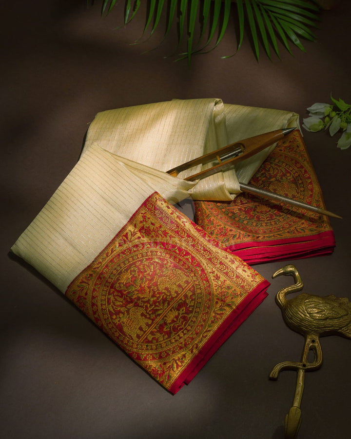 Half White Antique Border Kanjivaram Silk Saree-S1783(A)