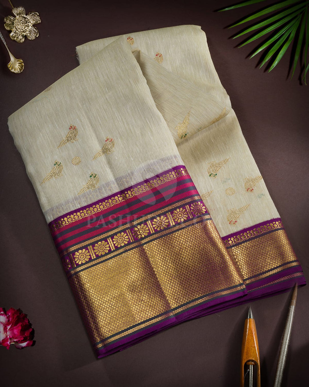 Half White Lenin Kanjivaram Silk Saree-S1801(A)