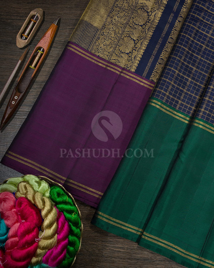 Navy Blue Ganga Jamuna Border Kanjivaram Silk Saree-S1699(C)