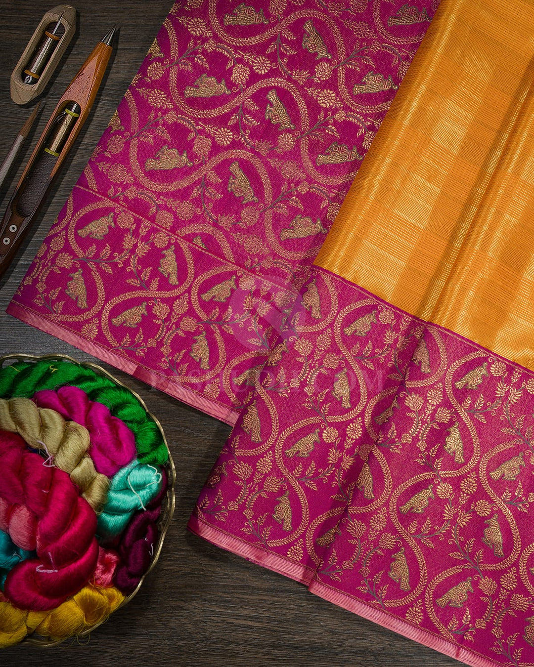 Mustard Yellow Meenakari Border Kanjivaram Silk Saree-S1807(A)