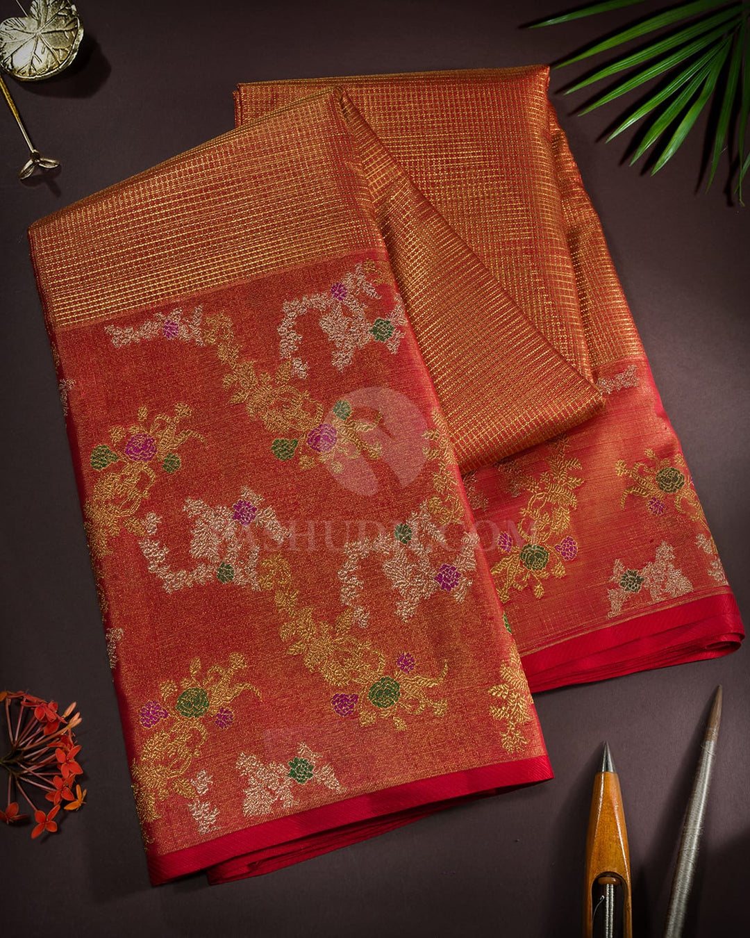 Bright Red Meenakari Semi Tissue Kanjivaram Silk Saree-S1795(A)