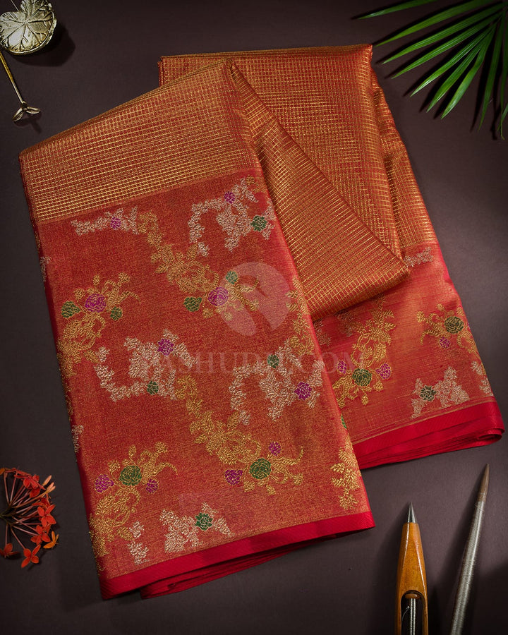 Bright Red Meenakari Semi Tissue Kanjivaram Silk Saree-S1795(A)