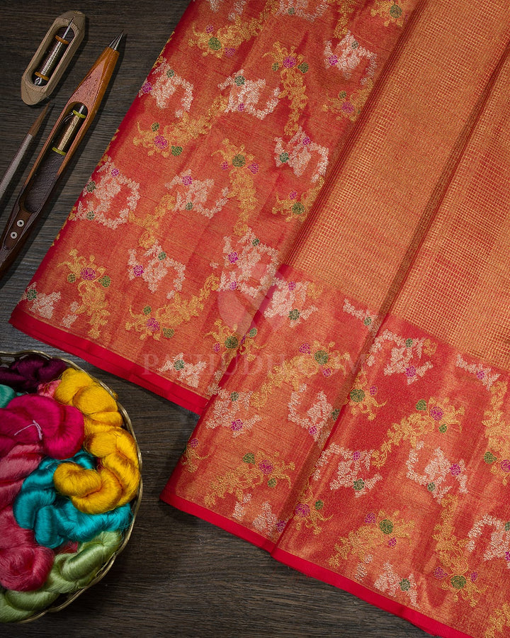 Bright Red Meenakari Semi Tissue Kanjivaram Silk Saree-S1795(A)