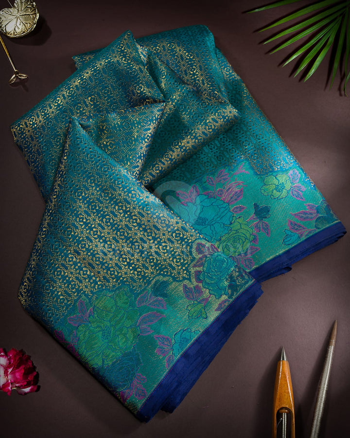 Dual Shaded Peacock Blue Meenakari Kanjivaram Silk Saree-S1744(B)