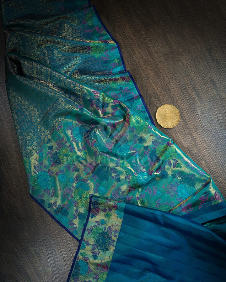 Dual Shaded Peacock Blue Meenakari Kanjivaram Silk Saree-S1744(B)