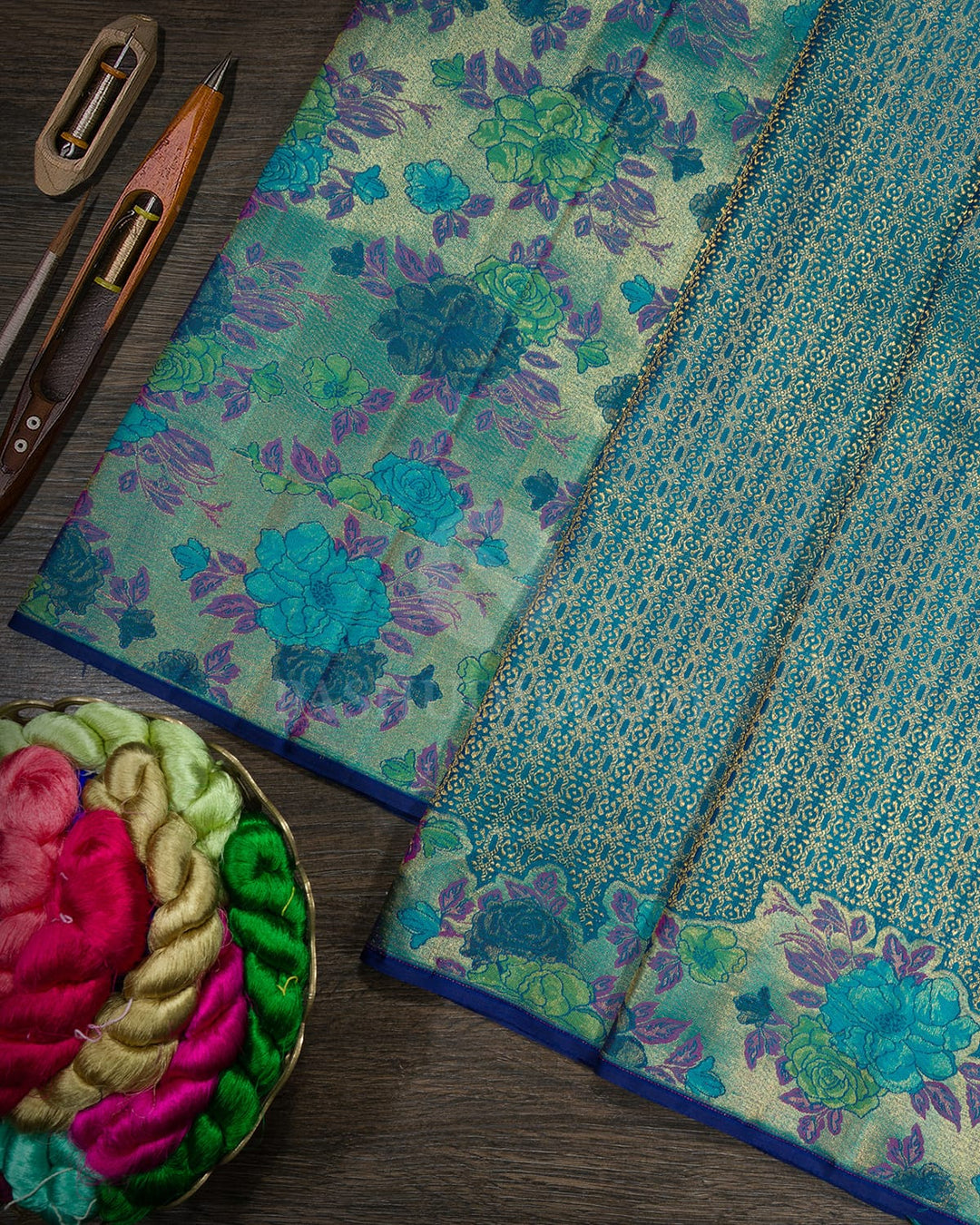 Dual Shaded Peacock Blue Meenakari Kanjivaram Silk Saree-S1744(B)