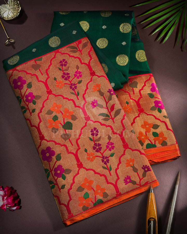 Bottle Green Pure Zari Meenakari Border Kanjivaram Silk Saree-P225(A)