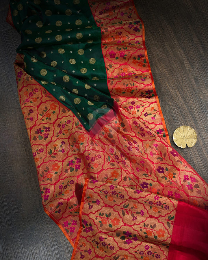 Bottle Green Pure Zari Meenakari Border Kanjivaram Silk Saree-P225(A)