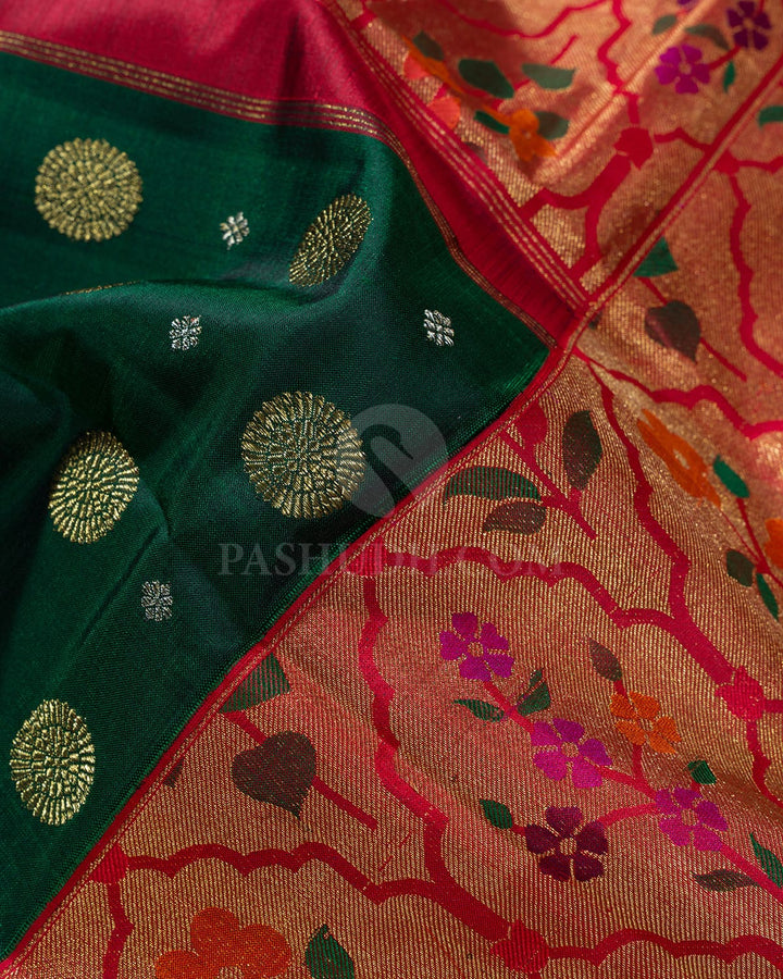 Bottle Green Pure Zari Meenakari Border Kanjivaram Silk Saree-P225(A)