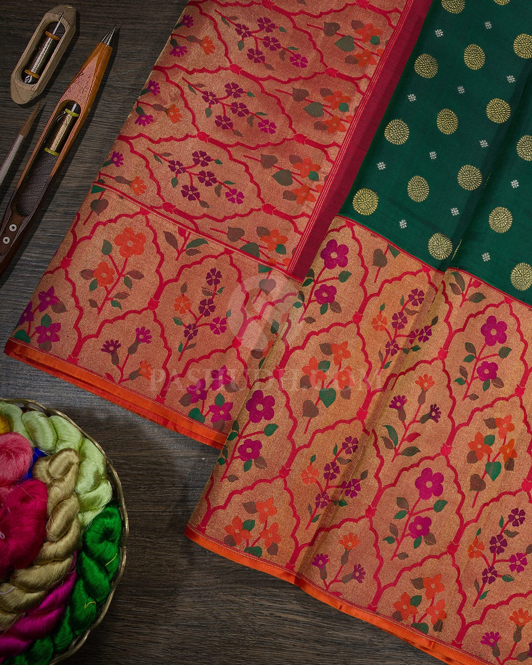 Bottle Green Pure Zari Meenakari Border Kanjivaram Silk Saree-P225(A)