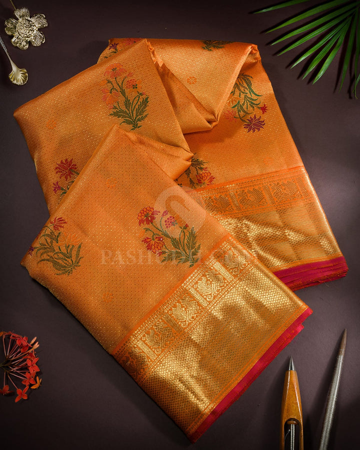 Orange Pure Zari Meenakari Traditional Kanjivaram Silk Saree-P233(A)
