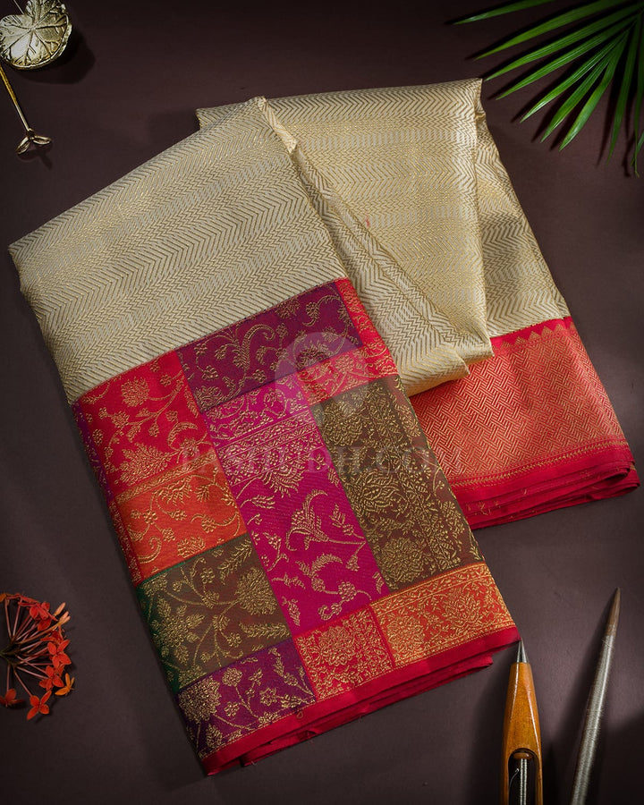 Half White Pure Zari Meenakari Kanjivaram Silk Saree-P231(A)