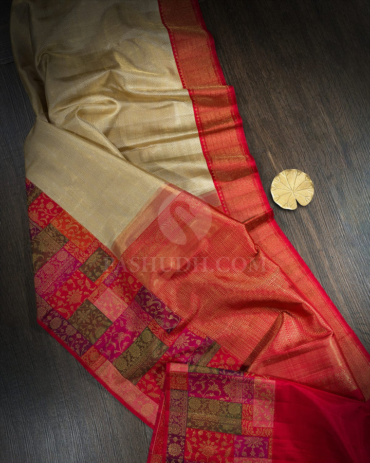 Half White Pure Zari Meenakari Kanjivaram Silk Saree-P231(A)