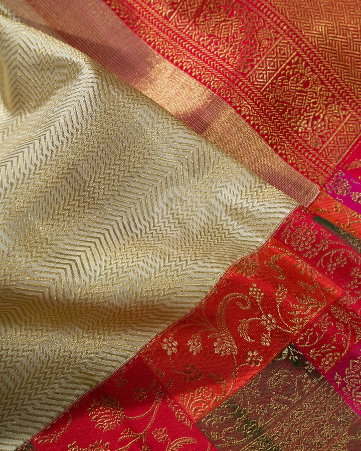 Half White Pure Zari Meenakari Kanjivaram Silk Saree-P231(A)