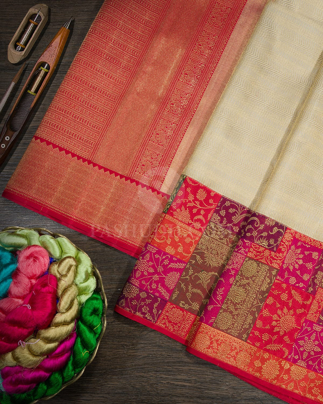 Half White Pure Zari Meenakari Kanjivaram Silk Saree-P231(A)