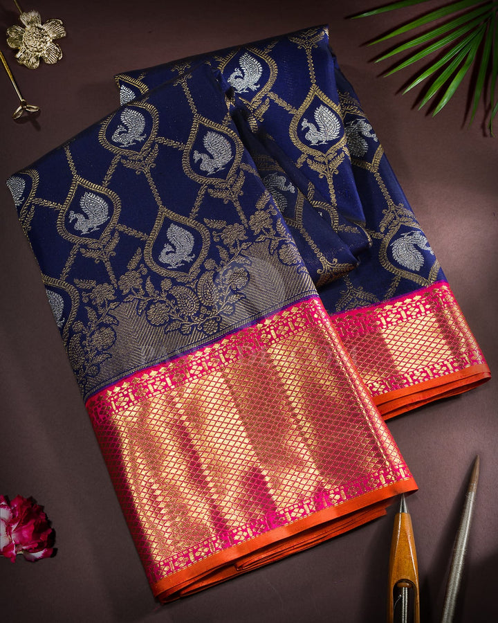 Navy Blue Pure Zari Kanjivaram Silk Saree-P221(A)