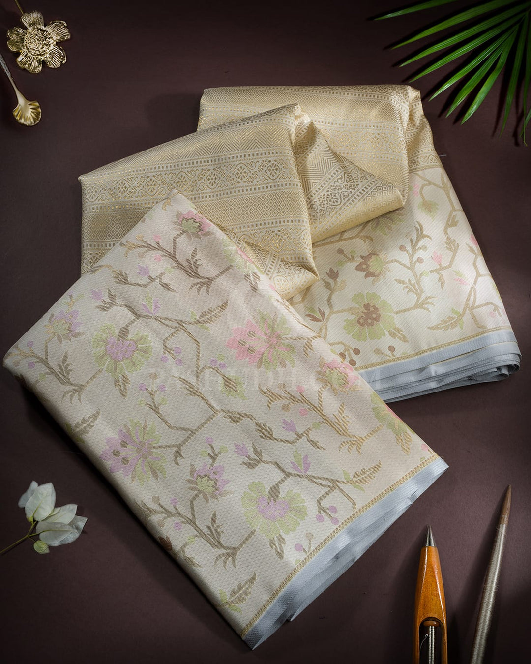 Cream Pure Zari Paithani Kanjivaram Silk Saree-P197(B)