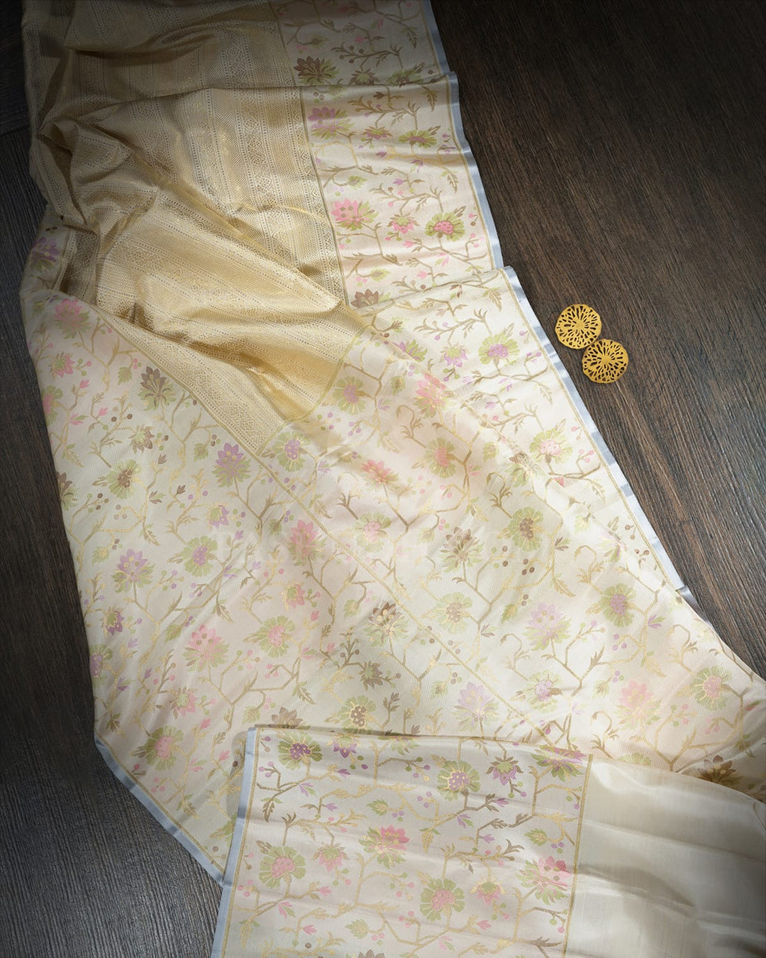 Cream Pure Zari Paithani Kanjivaram Silk Saree-P197(B)
