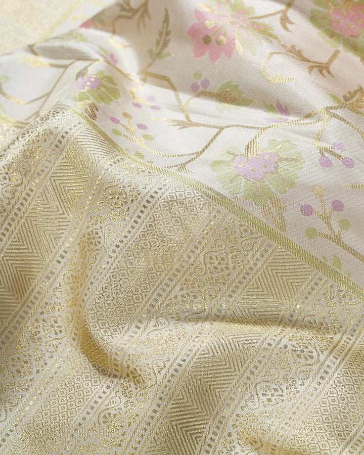 Cream Pure Zari Paithani Kanjivaram Silk Saree-P197(B)